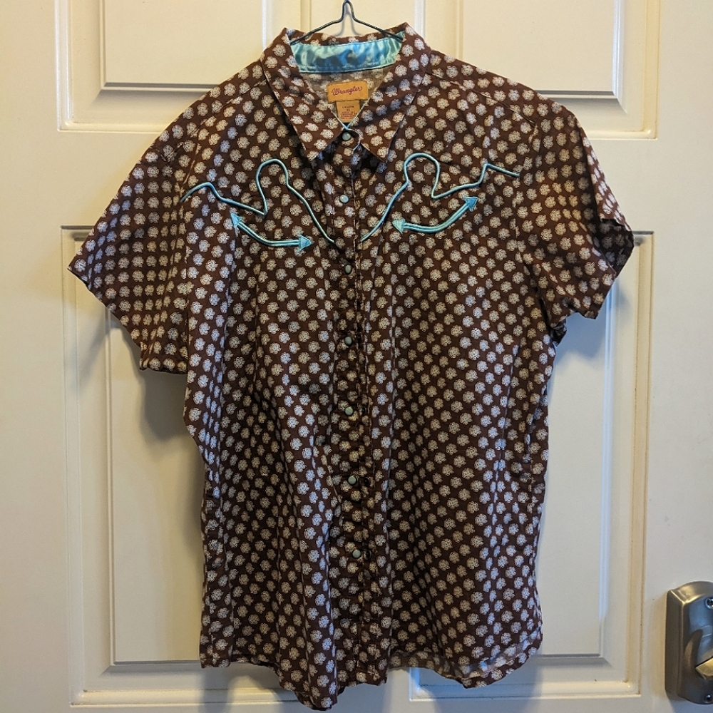Vintage Brown Floral Collared Snap Blouse